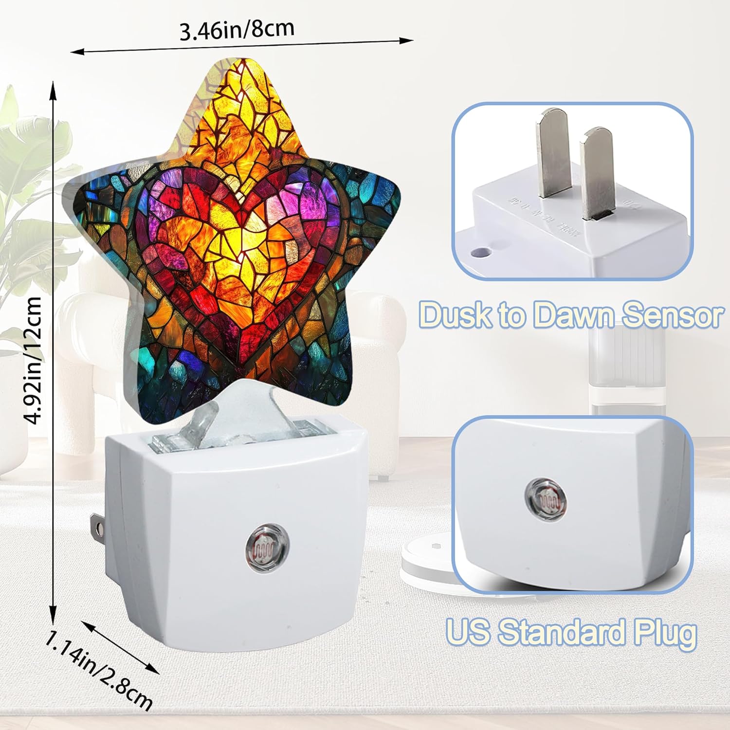 Snowmolle Love Heart Stained Glass Night Lights Plug Into Wall, Abstract Star Night Light for Kids, Nightlight with Dusk to Dawn Smart Sensor…