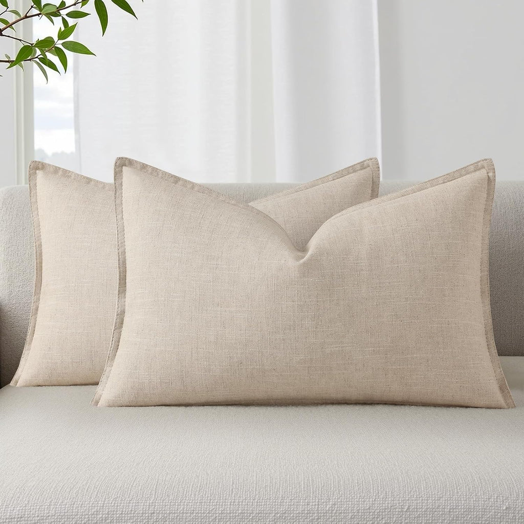 decorUhome Summer Decorative Linen Throw Pillow Covers 12x20 Inch Set of 2 Natural Beige Lumbar Pillow Covers with Flange Edges Soft Farmho…