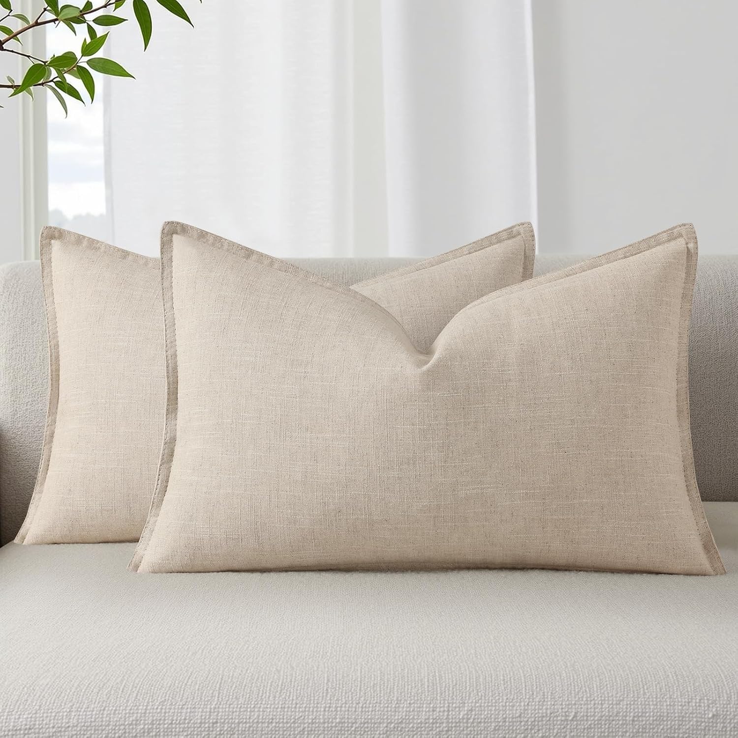 decorUhome Summer Decorative Linen Throw Pillow Covers 12x20 Inch Set of 2 Natural Beige Lumbar Pillow Covers with Flange Edges Soft Farmho…