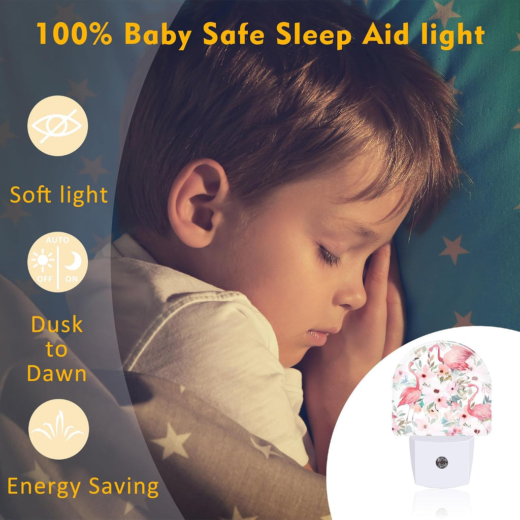 Pink Flamingos Flowers Night Light for Kids, Watercolor Tropical Floral Flamingo Night Light Plug in with Dusk to Dawn Sensor,0.5w Energy…