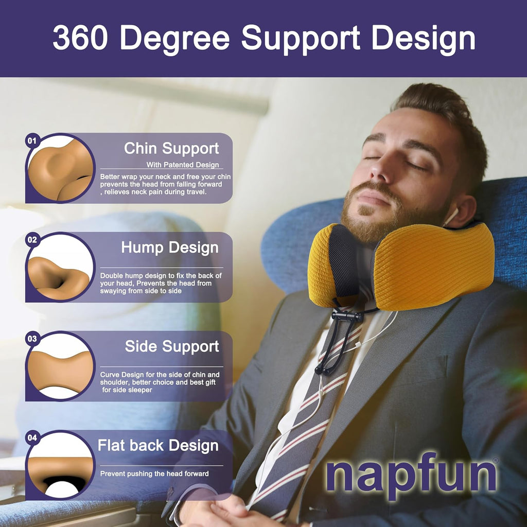 napfun Neck Pillow for Traveling, Upgraded Travel Neck Pillow for Airplane 100% Pure Memory Foam Travel Pillow for Flight Headrest Sleep…