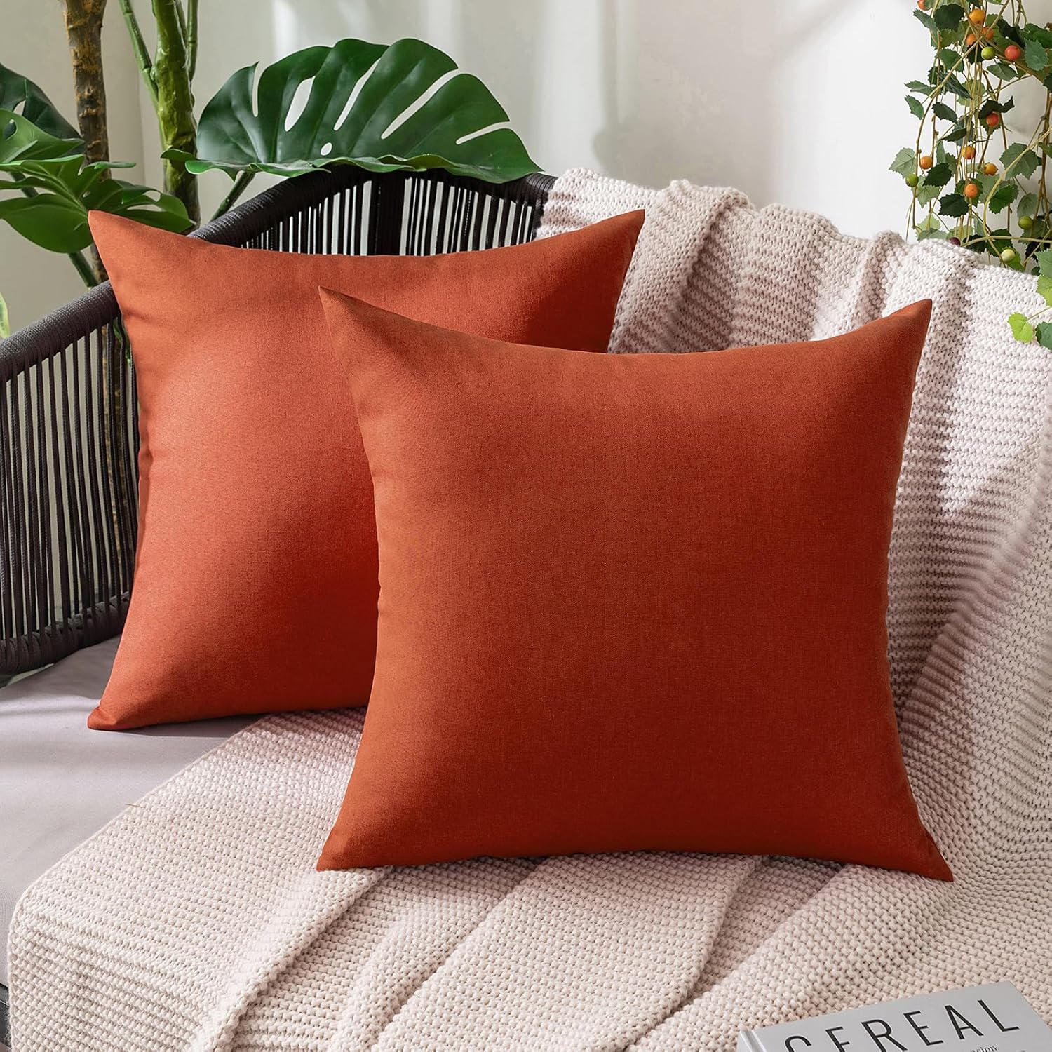 Miulee Pack of 2 Decorative Outdoor Solid Waterproof Throw Pillow Covers Faux Linen Garden Farmhouse Cushion Cases for Summer Patio Tent Ba…