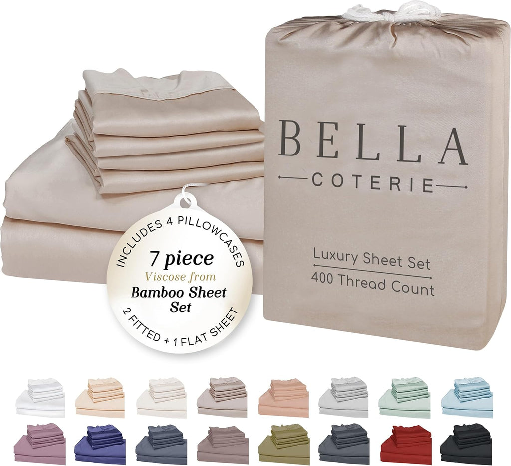 Bella Coterie 7 Piece Luxury Bamboo Viscose Split King Size Sheet Set | 2 Fitted Sheets for Adjustable Beds | 100% Organically Grown |…