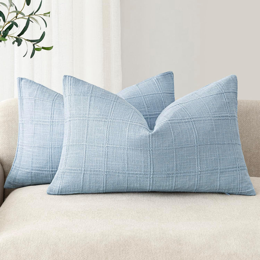 Foindtower Set of 2 Decorative Linen Check Throw Pillow Covers Neutral Farmhouse Lumbar Cushion Covers Modern Boho Accent Home Decor for…