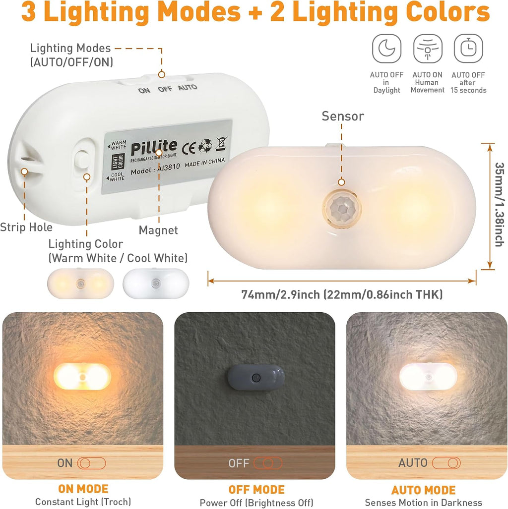 LIBERATECH Rechargeable Motion Sensor Night Light, 2-Color White & Warm Toilet Light with Auto/On Mode, Magnetic & Adhesive Installa…