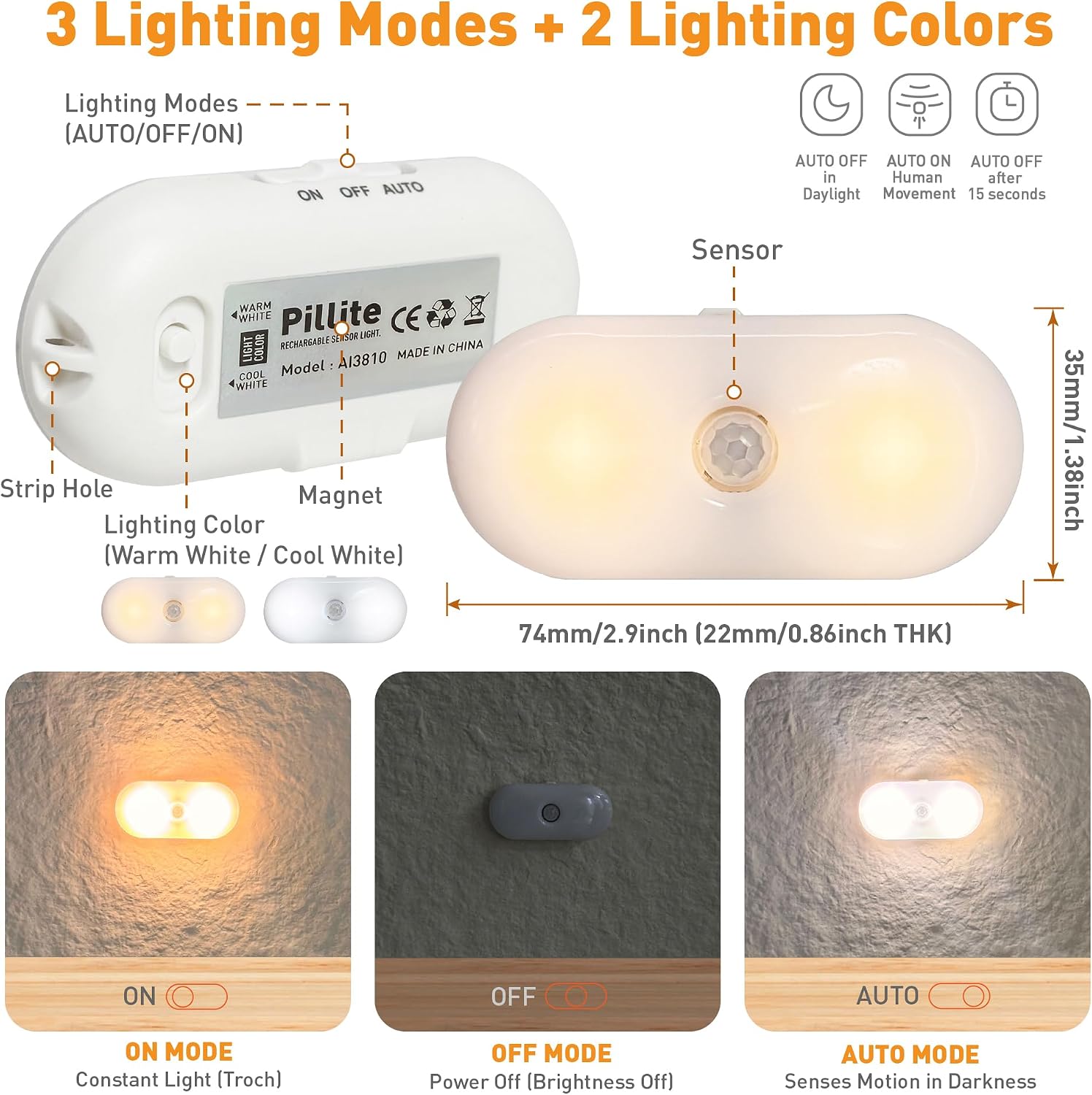 LIBERATECH Rechargeable Motion Sensor Night Light, 2-Color White & Warm Toilet Light with Auto/On Mode, Magnetic & Adhesive Installa…