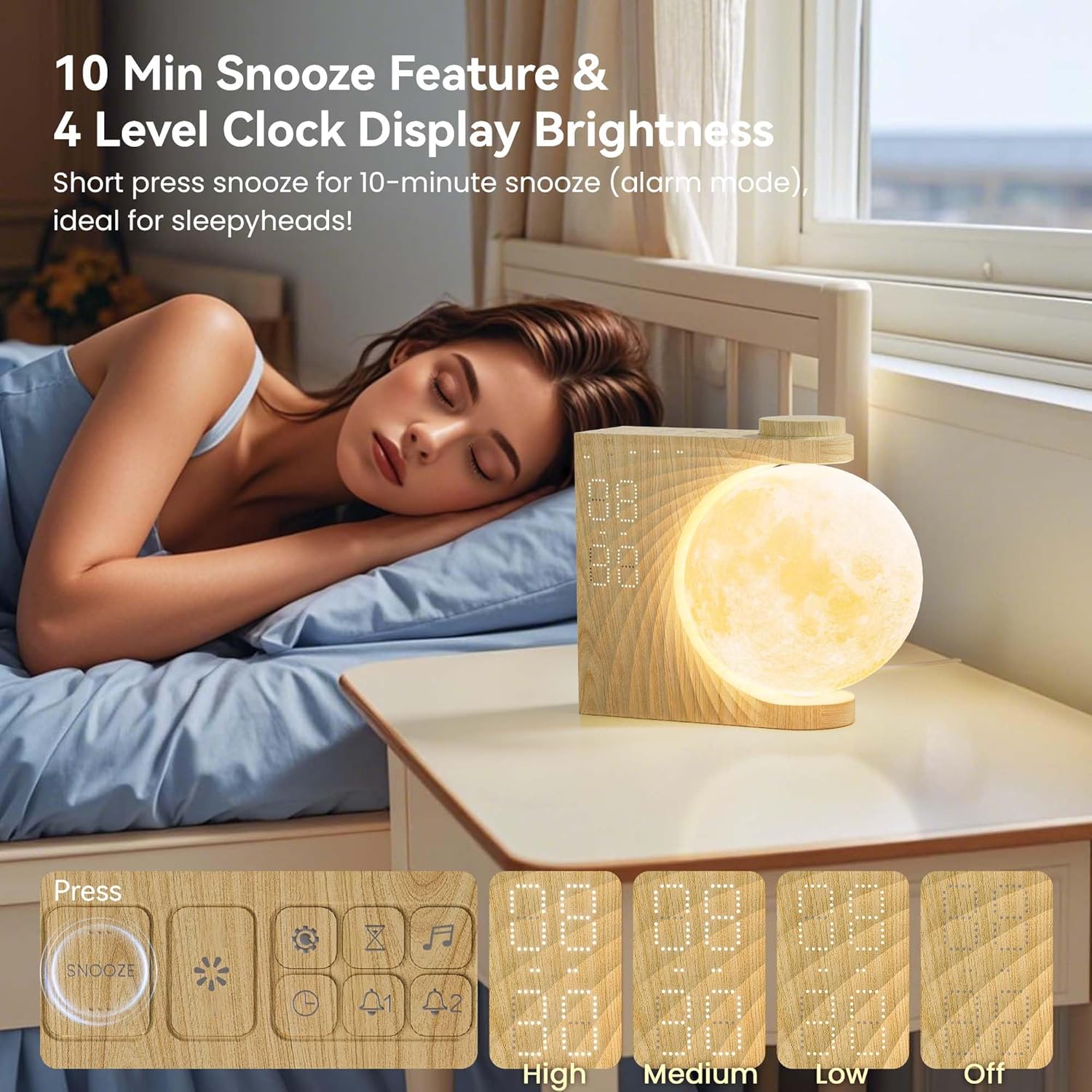 Rotating Moonlight Alarm Clock for Heavy Sleepers - Sunrise Simulation Wake-Up Light, Snooze, 10 Light Effects, 30/60/90 Timer, 10 Nature…