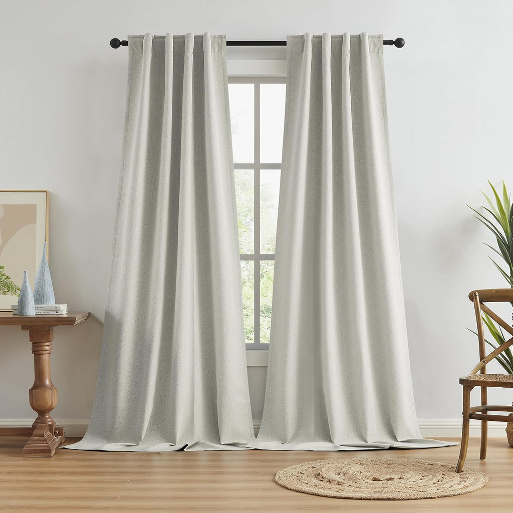 Keqiaosuocai Greyish Beige Blackout Curtains 100 Inches Long 2 Panels Back Tab Pocket Hook Belt Full Black Out Thermal Insulated Boho Windo…