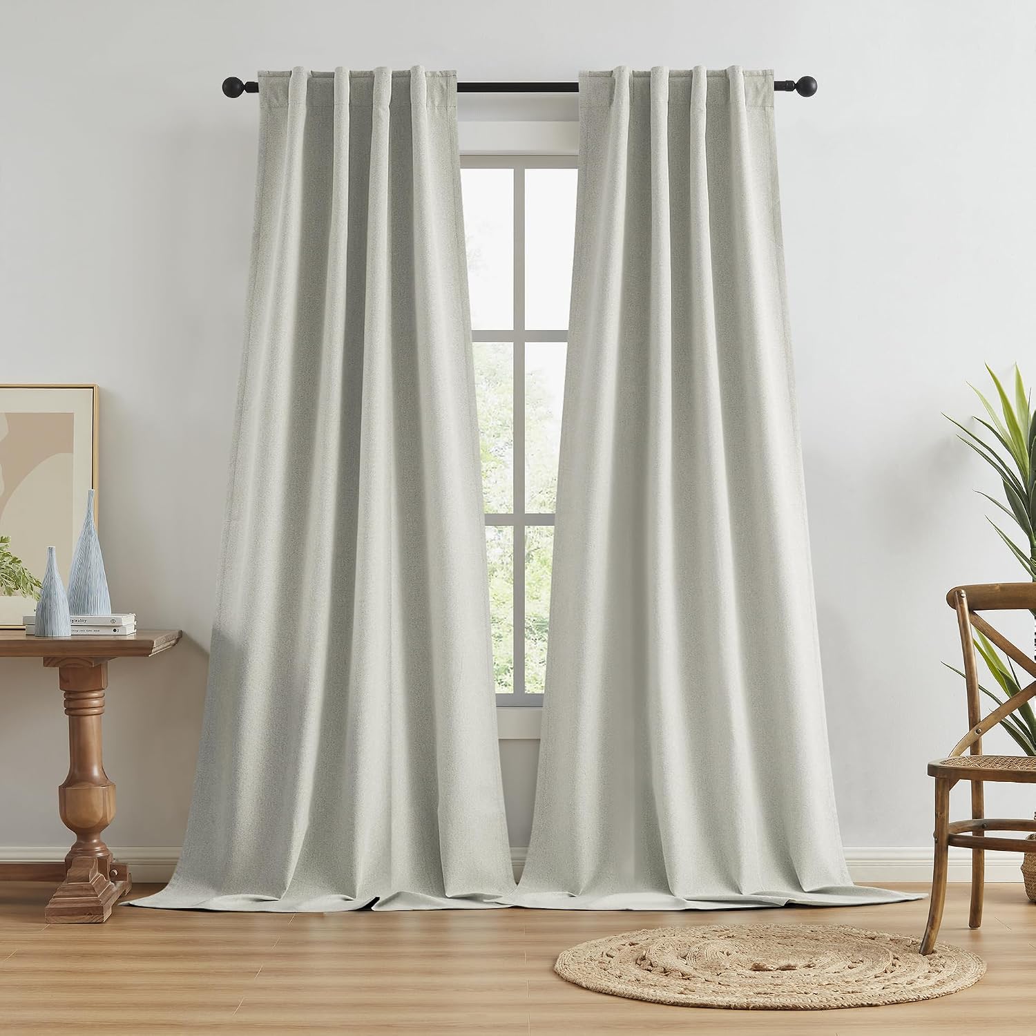 Keqiaosuocai Greyish Beige Blackout Curtains 100 Inches Long 2 Panels Back Tab Pocket Hook Belt Full Black Out Thermal Insulated Boho Windo…