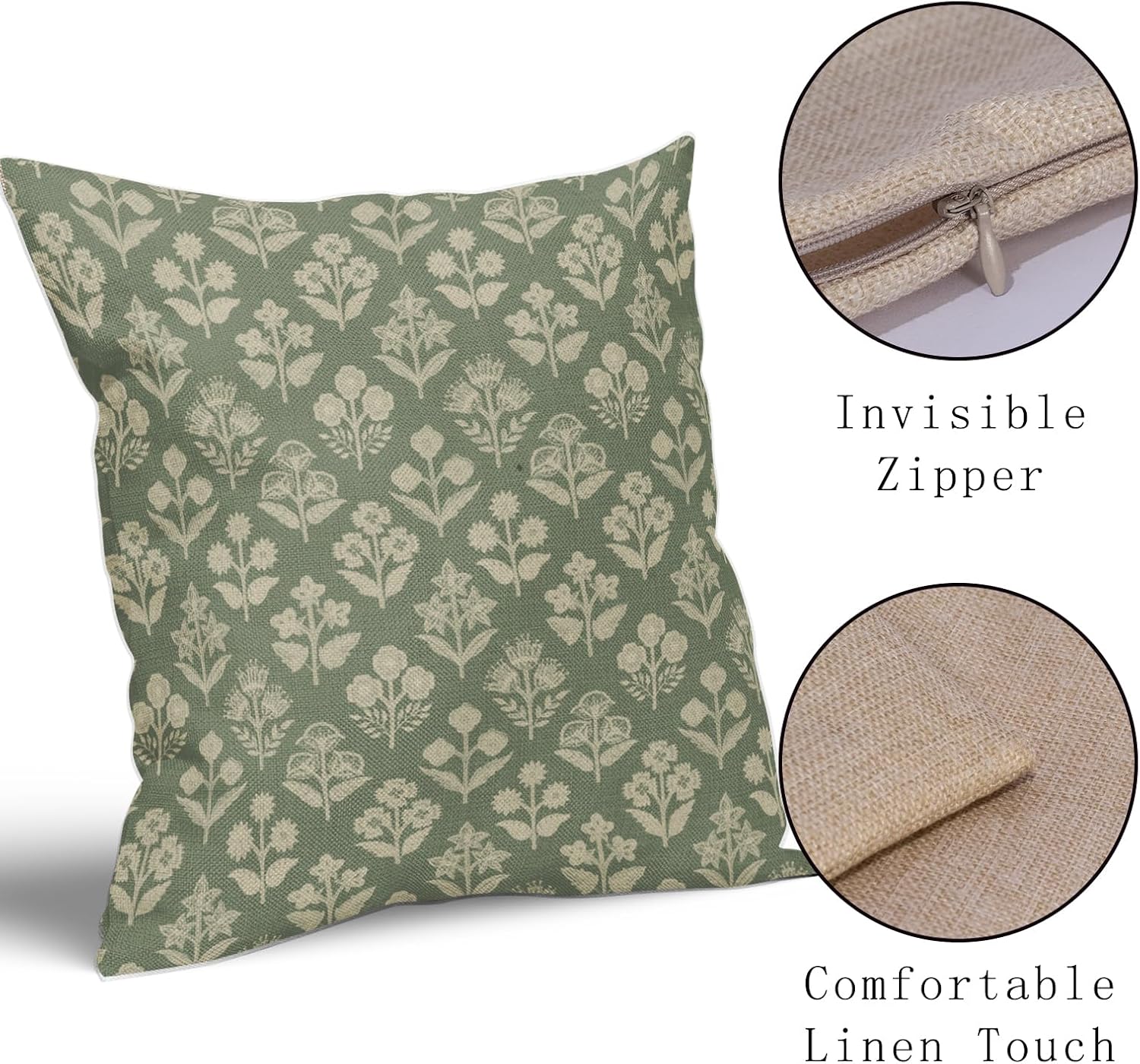 Sage Green Floral Pillow Covers 22x22 Inch Set of 2, Vintage Flower Block Print Pattern Decorative Throw Pillowcases Outdoor Farmhouse…