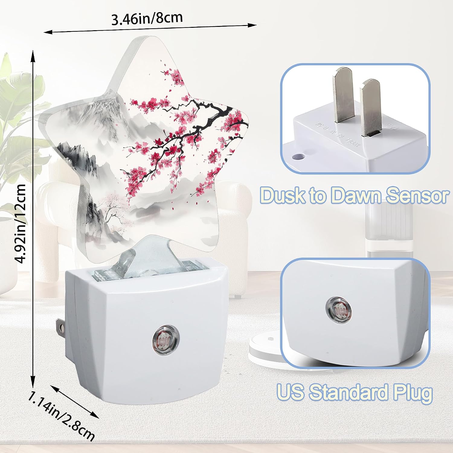 Snowmolle Cherry Blossoms Nightlight, Japanese Mountains Star Night Lights Plug into Wall Decorations for Bedroom Bathroom, Dusk to Dawn Sens…