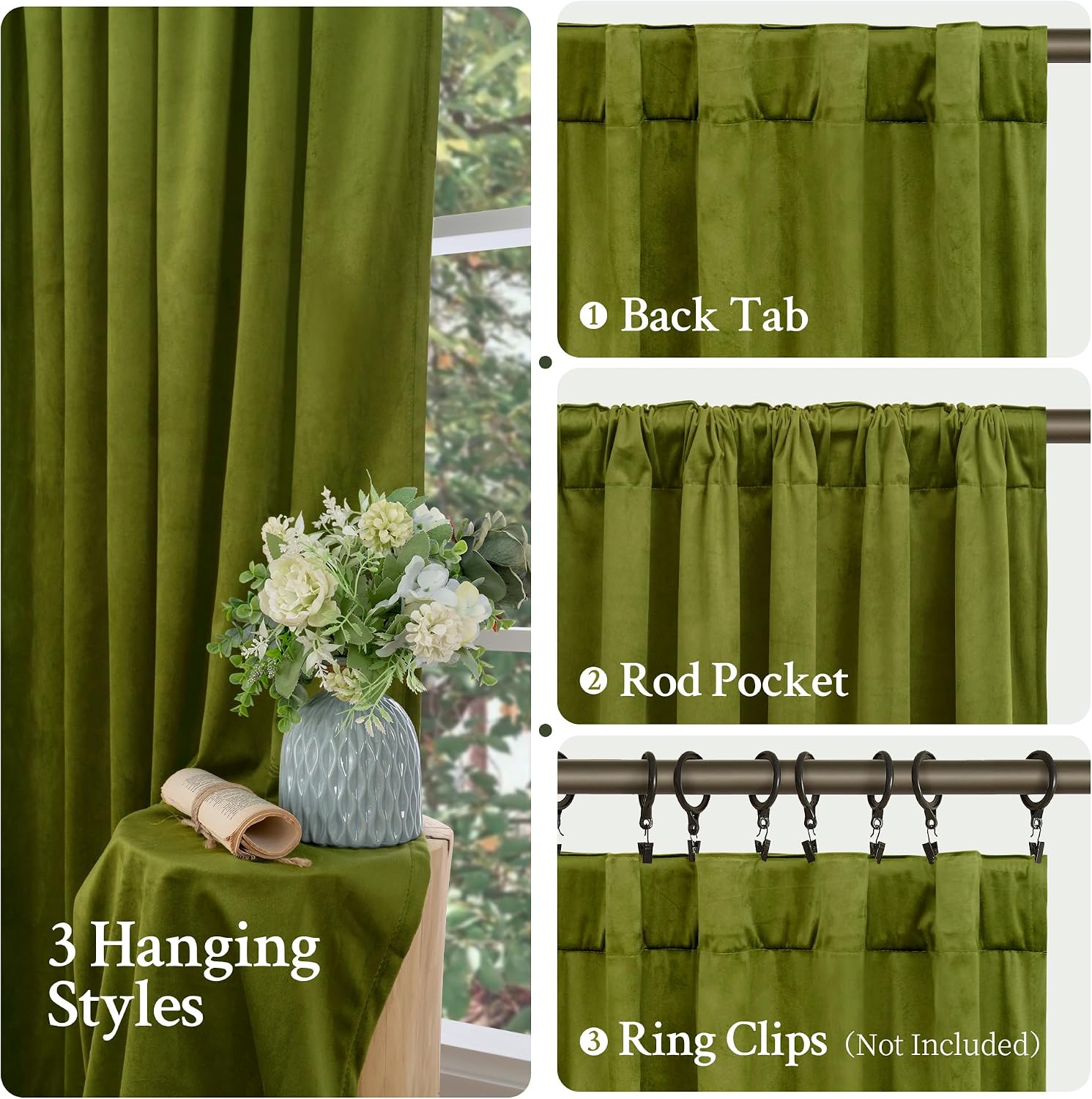 Lamit Moss Green Velvet Curtains for Living Room, 120 Inches Thermal Insulated Room Darkening Panels Super Soft Back Tab and Rod Pocket Win…