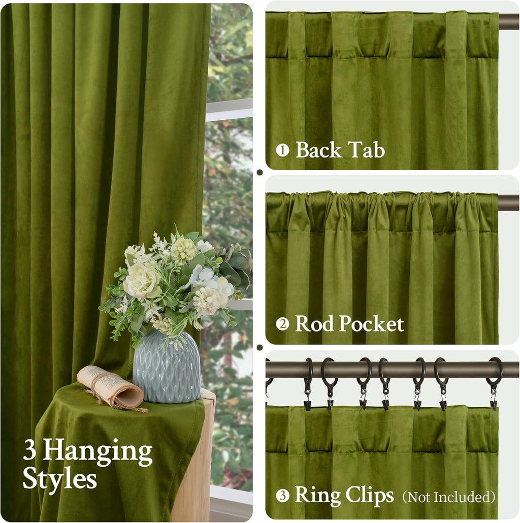 Lamit Moss Green Velvet Curtains for Living Room 102 Inch Length, Vintage Thermal Insulated Room Darkening Drapes Super Soft Back Tab and R…