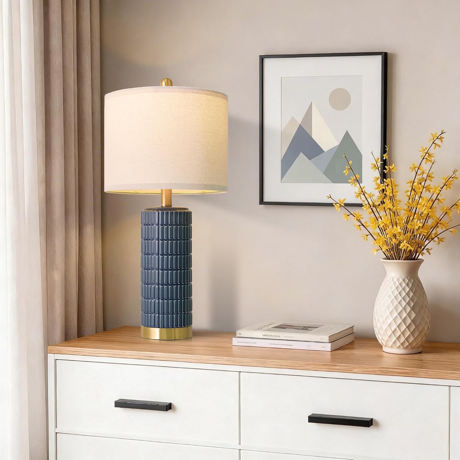 PoKat 25'' Blue Table Lamps for Bedroom Living Room Set of 2, Modern Ceramic Bedside Lamps with Gold Base for Office Sideboard Entryway…