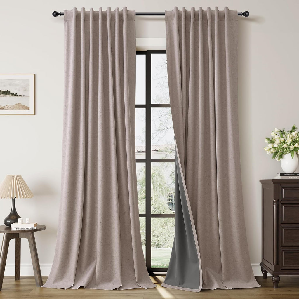 Guken Taupe 100% Blackout Linen Look Curtains for Bedroom 120 Inch Long 2 Panels Set Back Tab Linen Textured Black Out Room Darkening Therm…