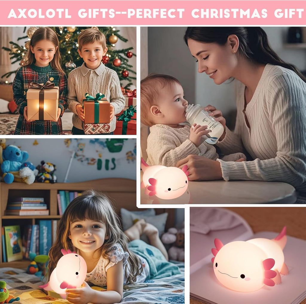 HAPPYBAG Axolotl Night Light, Cute Axolotl lamp Gifts for Kids, Dimmable Silicone Animal Nursery Night Light, Kawaii Rechargeable Bedside…