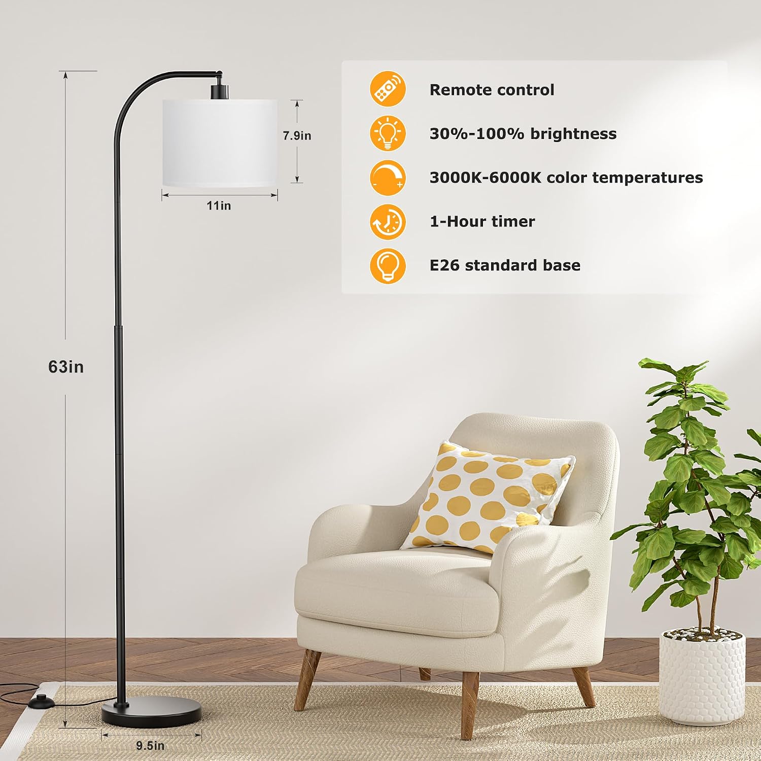 Ambimall Arc Floor Lamp with Remote and Stepless Dimmable Bulb, Colors Temperature & Brightness Adjustable, Floor Lamps for Living Room(Whi…
