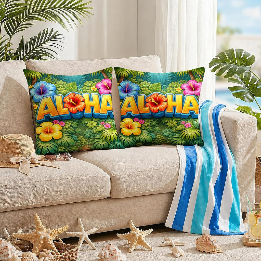 BlissYard Hawaiian Aloha Decorative Pillow Covers 18x18 Set of 2 Tropical Floral Pillow Covers Summer Island Cushion Covers for Sofa…