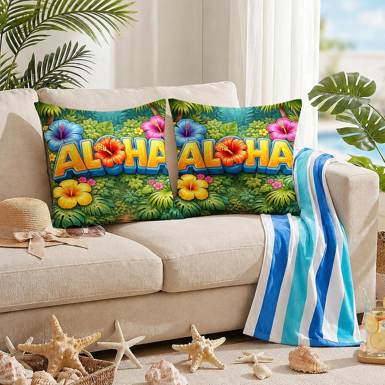 BlissYard Hawaiian Aloha Decorative Pillow Covers 18x18 Set of 2 Tropical Floral Pillow Covers Summer Island Cushion Covers for Sofa…