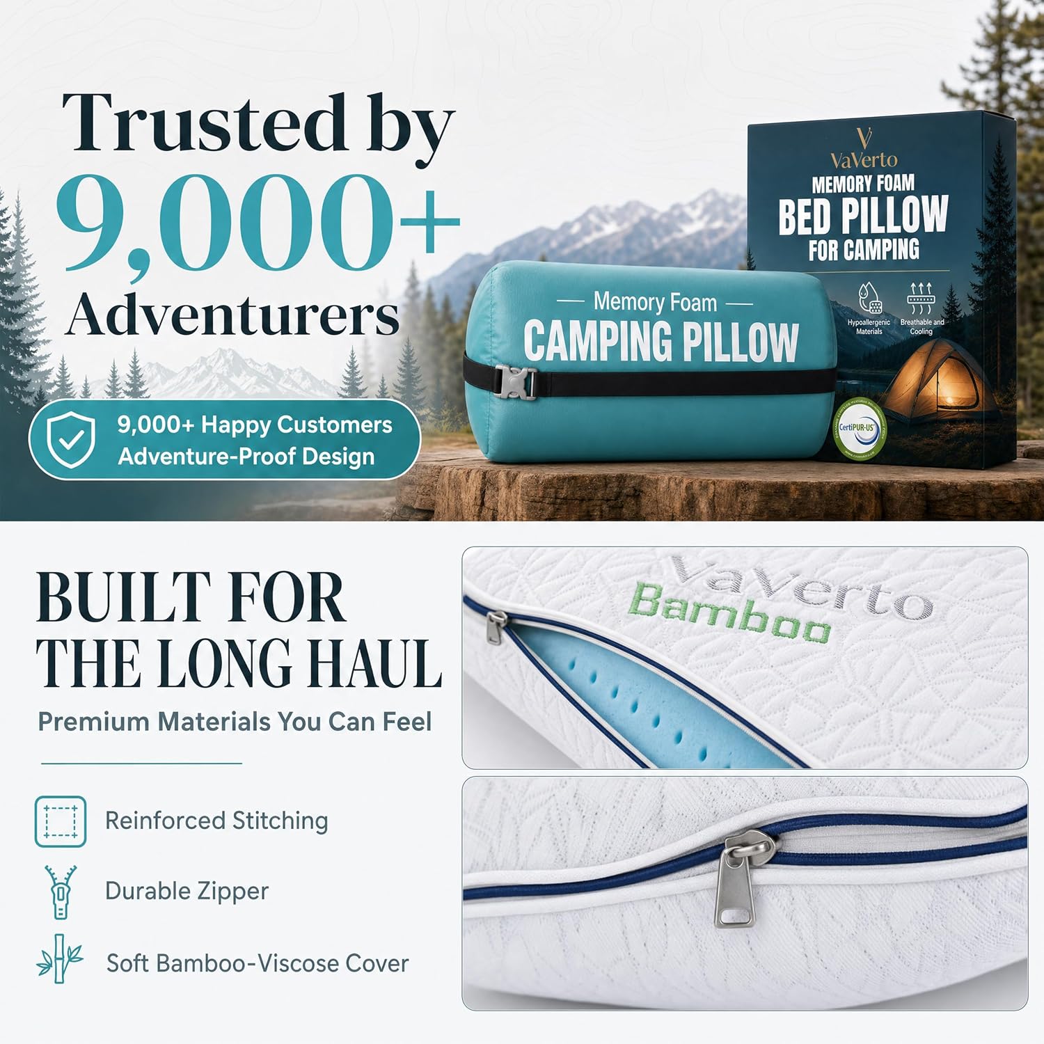 Vaverto Small Memory Foam Bed Pillow for Camping - Compressible Medium Firm, Breathable Cover, Machine Washable, Ideal Backpacking