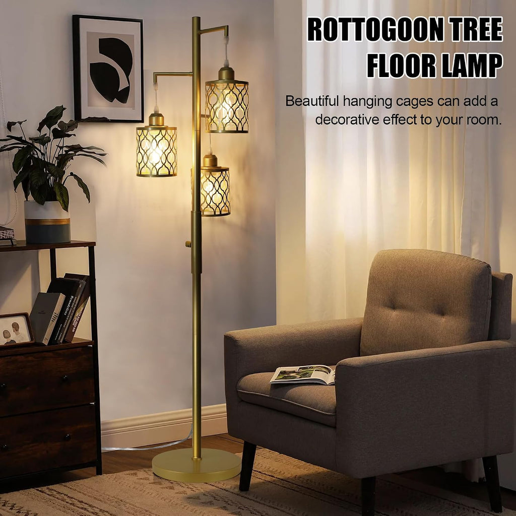 ROTTOGOON 68" Gold Floor Lamp, Dimmable Industrial Floor Lamps for Living Room, 3 Light Rustic Standing Tall Lamp Including 3 PCS 6W E26…