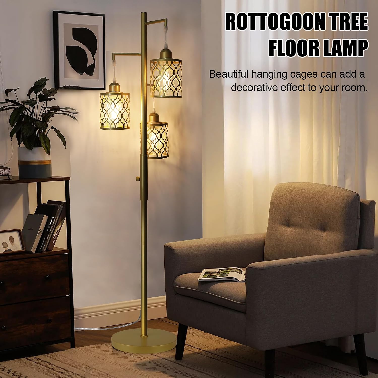 ROTTOGOON 68" Gold Floor Lamp, Dimmable Industrial Floor Lamps for Living Room, 3 Light Rustic Standing Tall Lamp Including 3 PCS 6W E26…