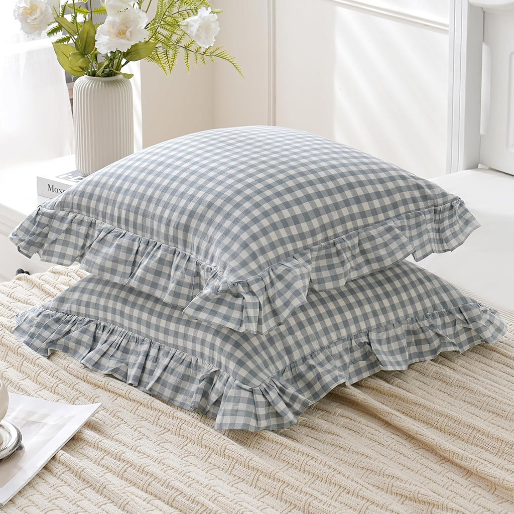 Qilunn Blue White Plaid Euro Pillow Shams Ruffle Pillowcases Set of 2, Shabby Checkered Washed Cotton Pillow Covers-26 x26, Blue/White Plaid…