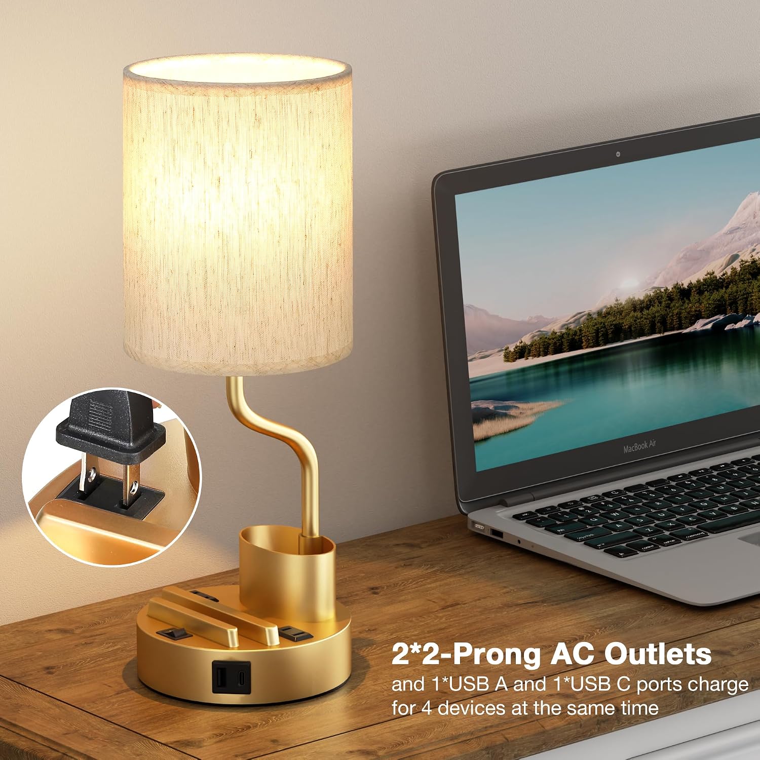 Gold Bedside Table Lamps for Bedroom Set of 2 - Nightstand Light with AC Outlet and USB A & C for Charging, 3 Color Temperatures Desk…