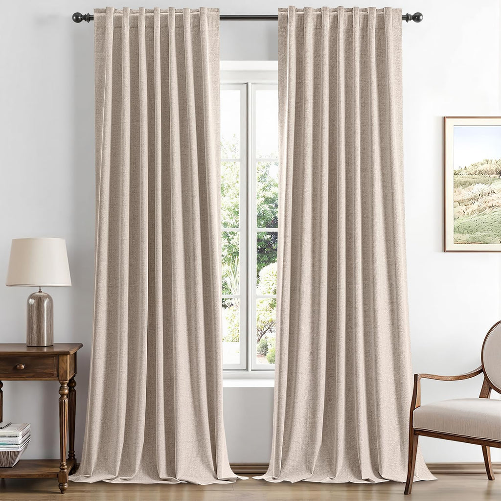 Miulee 100% Blackout Linen Curtains for Bedroom, Beige Solid Luxury Decor Thermal Insulation Room Darkening Drapes for Living Room Nursery…