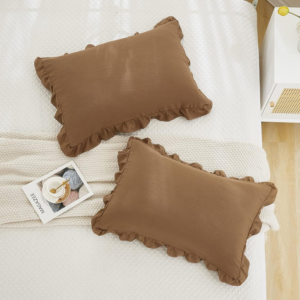 Merryword Brown Ruffle Standard Pillow Shams 20x26inch - Cute Coffee Pillowcases Set of 2 - Shabby Chic Soft Cover 2 Pack 2 Pack