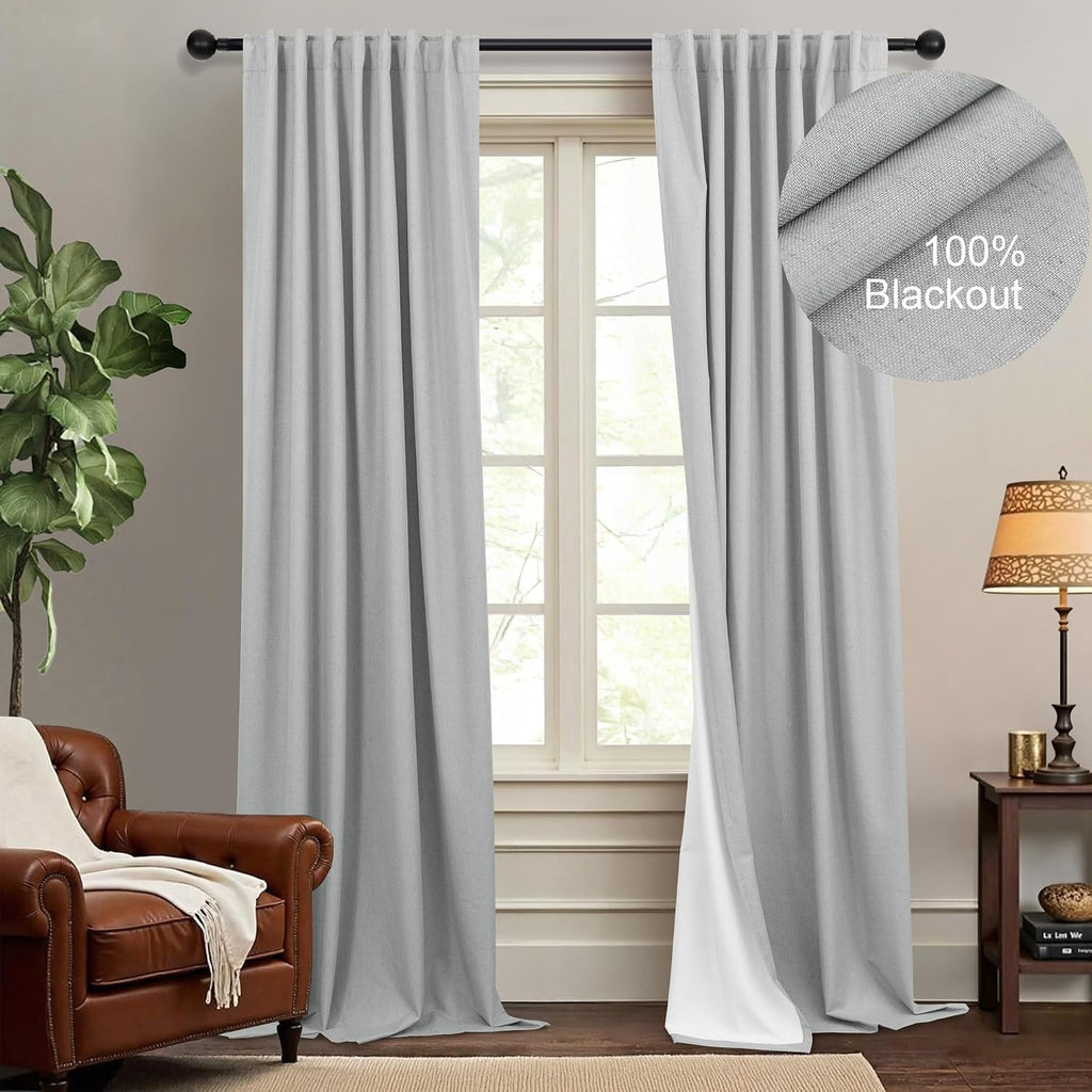 Dancurton Elegant Light Grey 100% Black Out Curtains 96 Inch Length 2 Panel for Living Room Darkening White Back Tab Thermal Insulated Long…
