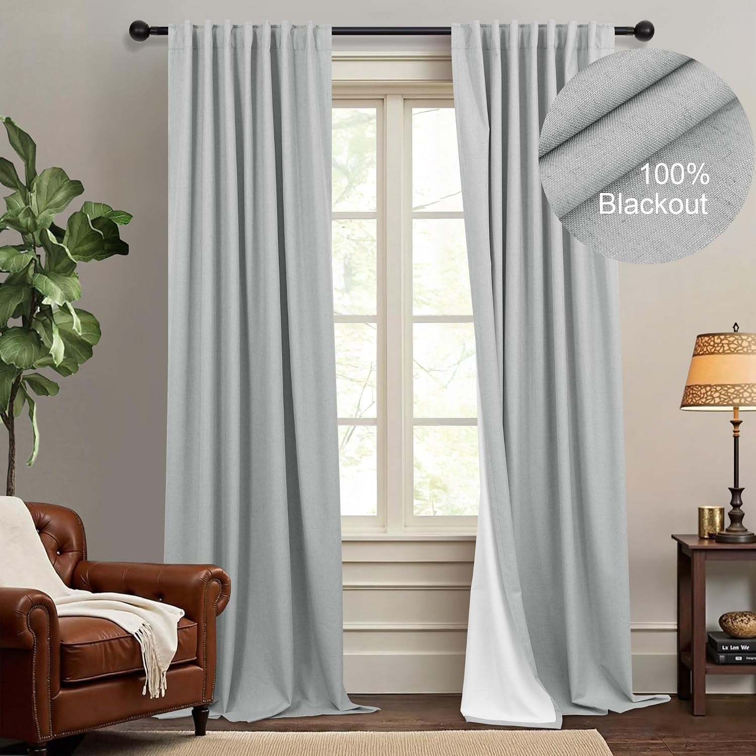 Dancurton Elegant Light Grey 100% Black Out Curtains 96 Inch Length 2 Panel for Living Room Darkening White Back Tab Thermal Insulated Long…