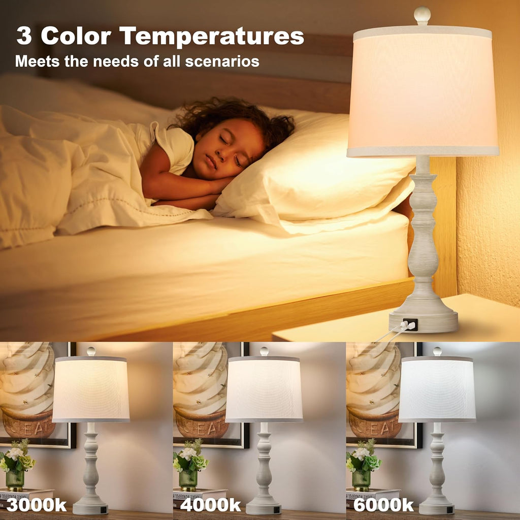 23'' Farmhouse Table Lamps for Living Room Set of 2 with USB C+A Ports, Retro Bedside Lamp for Bedroom, Office, Dining Room, Knob Switch…
