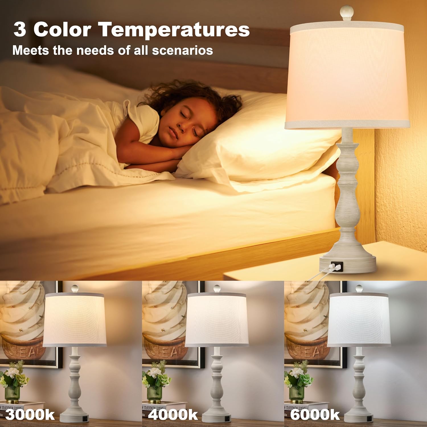 23'' Farmhouse Table Lamps for Living Room Set of 2 with USB C+A Ports, Retro Bedside Lamp for Bedroom, Office, Dining Room, Knob Switch…