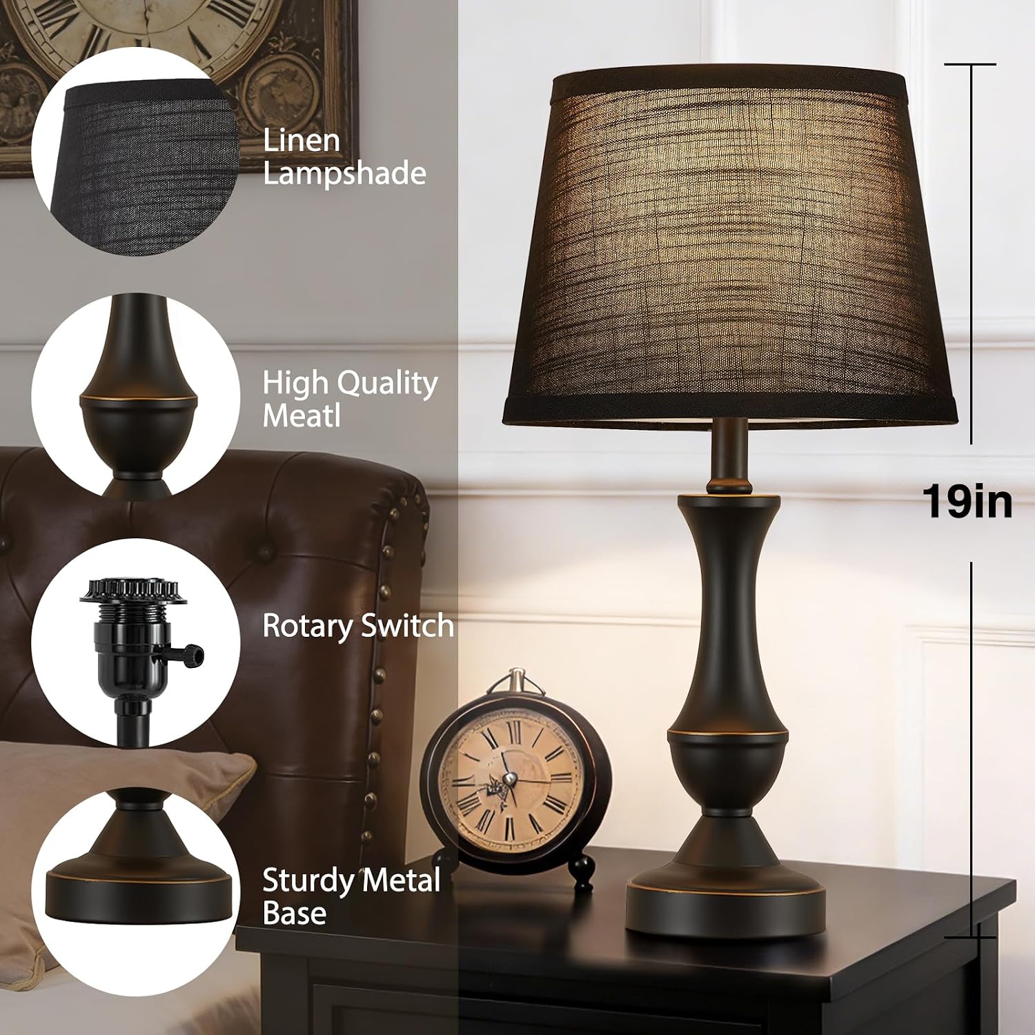Luvkczc Table Lamp Set of 2, 19" Mordern Bedside Lamps for Living Room & Bedroom, Linen Shade Desk Lamps for Nightstand, Office…