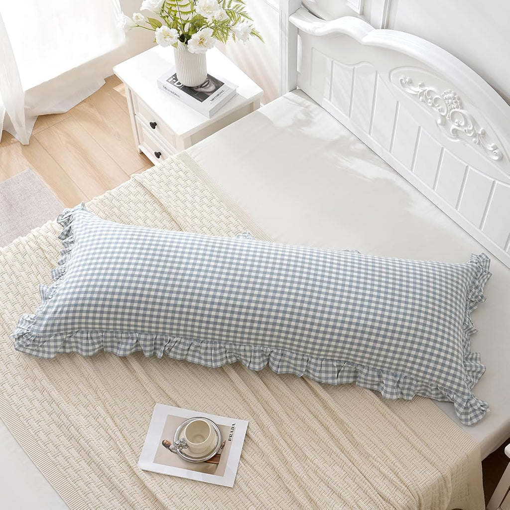 Qilunn Blue White Plaid Ruffled Body Pillow Sham Washed Cotton Shabby Checkered Gingham Pillow Cover 20"x54" Cotton Blue