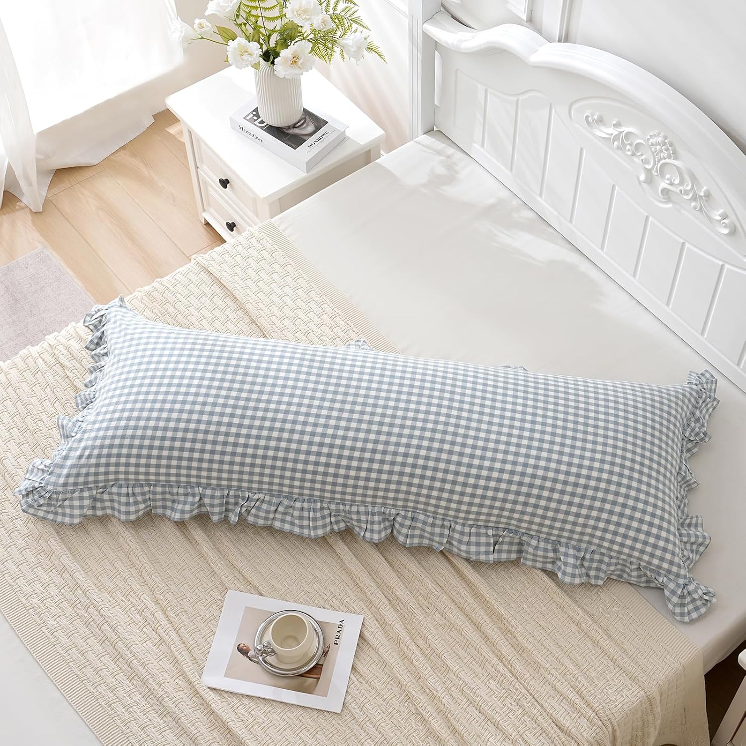 Qilunn Blue White Plaid Ruffled Body Pillow Sham Washed Cotton Shabby Checkered Gingham Pillow Cover 20"x54" Cotton Blue