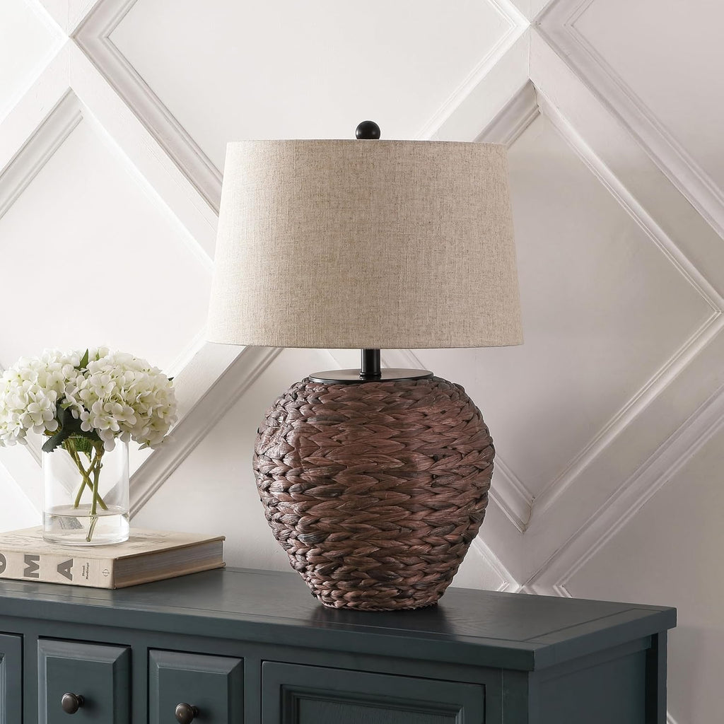 JONATHAN Y 24.5" Dark Brown Water Hyacinth Farmhouse Basket Table Lamp, Coastal Decor for Living Room Bedroom Nightstand, Light Gray…