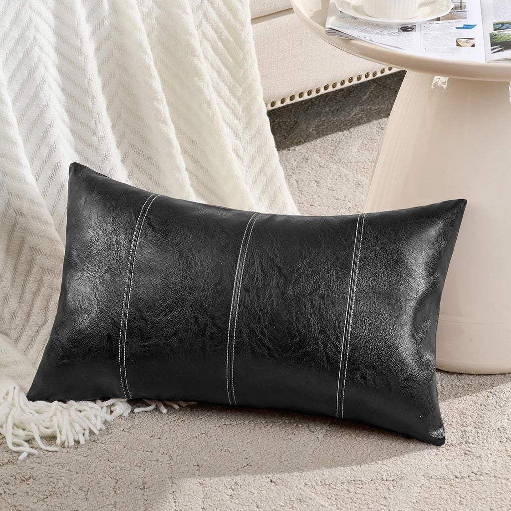 Fancy Homi Black Lumbar Faux Leather Decorative Throw Pillow Covers 12x20 Inch for Living Room Couch Bed Sofa, Boho Farmhouse Home Decor…