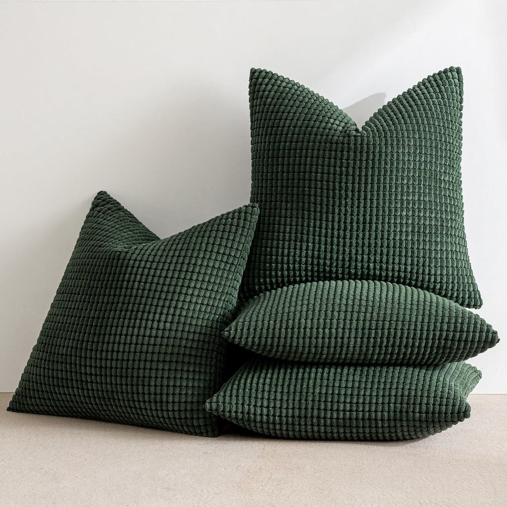 Miulee Boho Farmhouse Throw Pillow Covers 18x18 Inch Set of 4 Soft Neutral Covers Christmas Dark Green Corduroy Couch Pillowcases Home Deco…