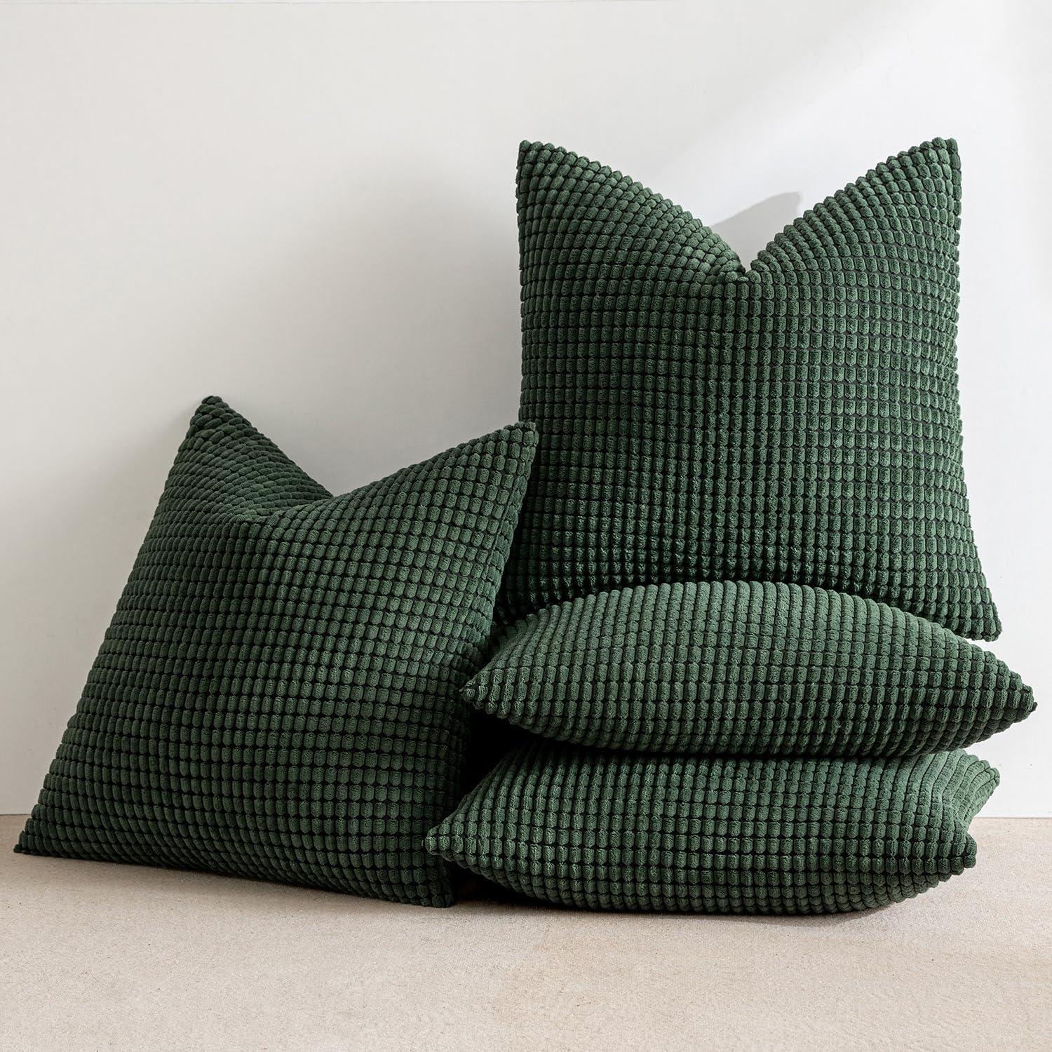 Miulee Boho Farmhouse Throw Pillow Covers 18x18 Inch Set of 4 Soft Neutral Covers Christmas Dark Green Corduroy Couch Pillowcases Home Deco…