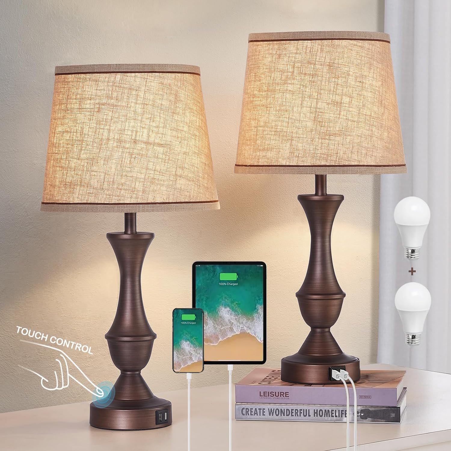 Luvkczc Touch Table Lamps Set of 2, 22" Tall Bedside Lamps with USB C+A Ports, Dimmable Table Lamp, Nightstand Lamps for Bedroom, Living…