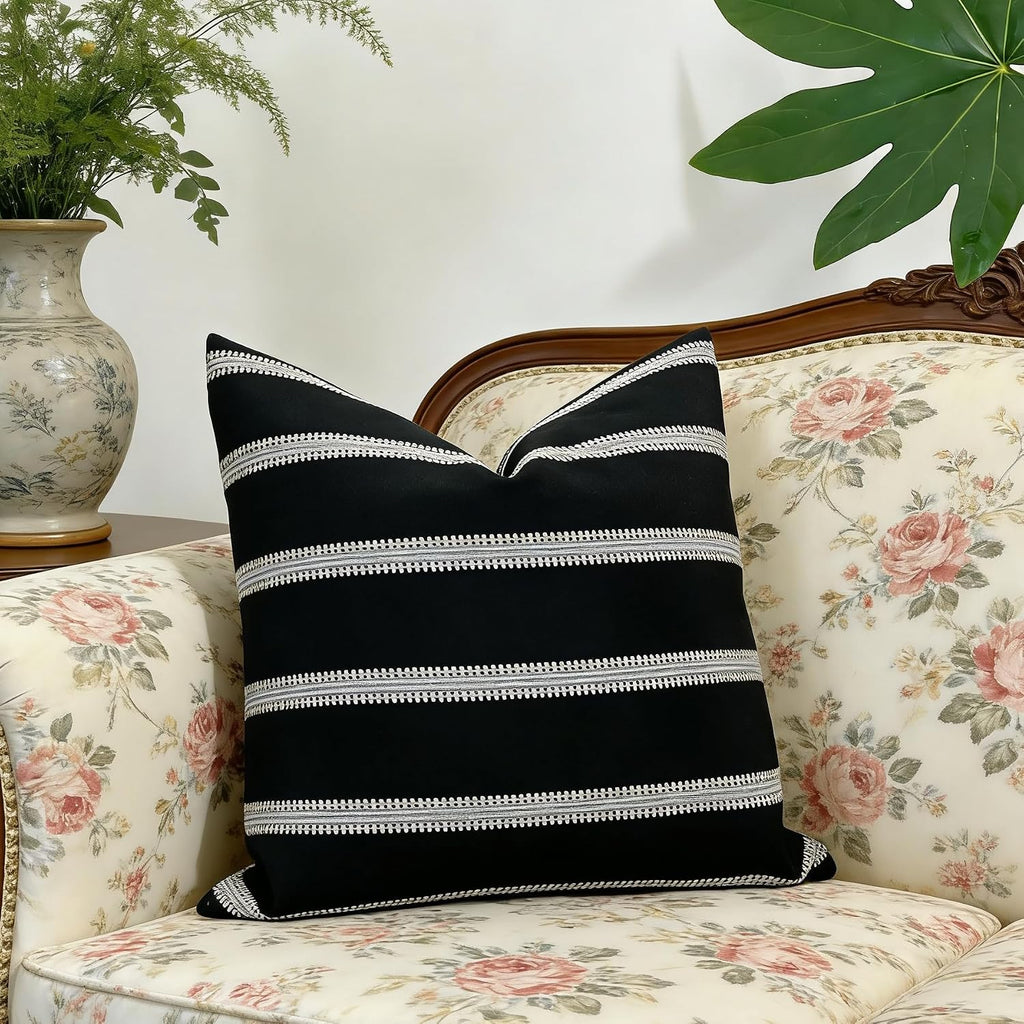 Slow Cow Decorative Textured Woven Stripe Throw Pillow Cover Modern Country Design Cushion Cover Pillow Cover 18 x18 Inches Black Mixed…