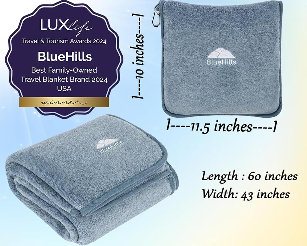 BlueHills Premium Soft Plush Travel Blanket Pillow for Airplane Traveling Essentials in a Bag Flight Throw with Hand Luggage Belt…