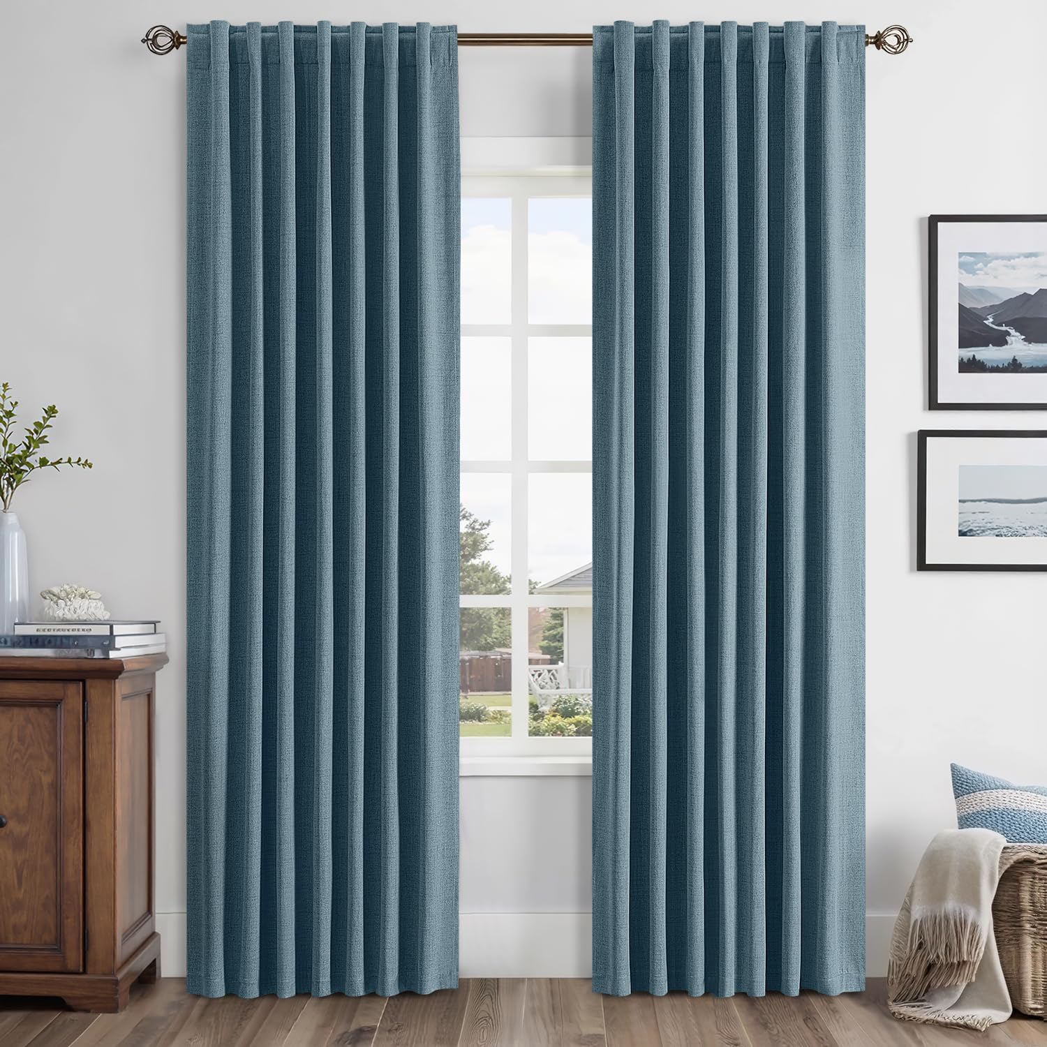 Miulee 100% Blackout Linen Curtains for Bedroom, Stone Blue Solid Luxury Decor Thermal Insulation Room Darkening Drapes for Living Room Nur…