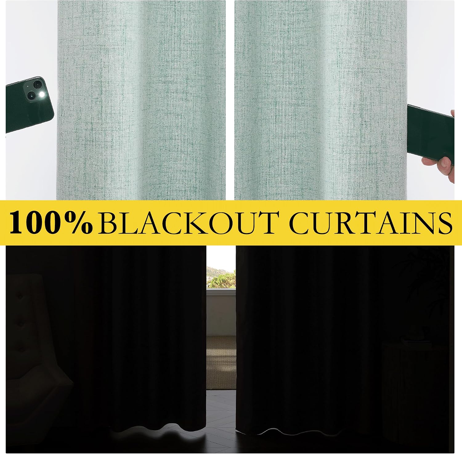 NICETOWN 100% Absolutely Blackout Linen Curtains with Thermal Insulated Liner, Seafoam Green, 62" Wide, 120" Length Energy Saving…