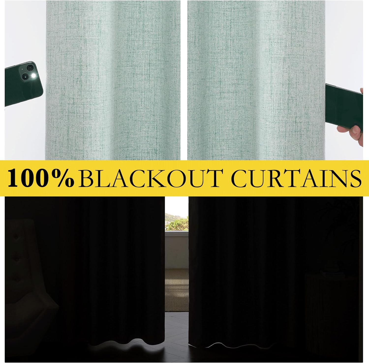 NICETOWN 100% Absolutely Blackout Linen Curtains with Thermal Insulated Liner, Seafoam Green, 42" Wide, 45" Length Energy Saving Curtains…