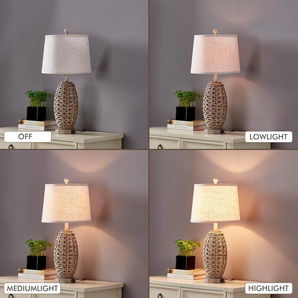 27” Natural Rattan Table Lamps Set of 2, Touch Switch,3-Way Dimmable Bedside Lamps, with A+C USB Charging Ports, Oatmeal…