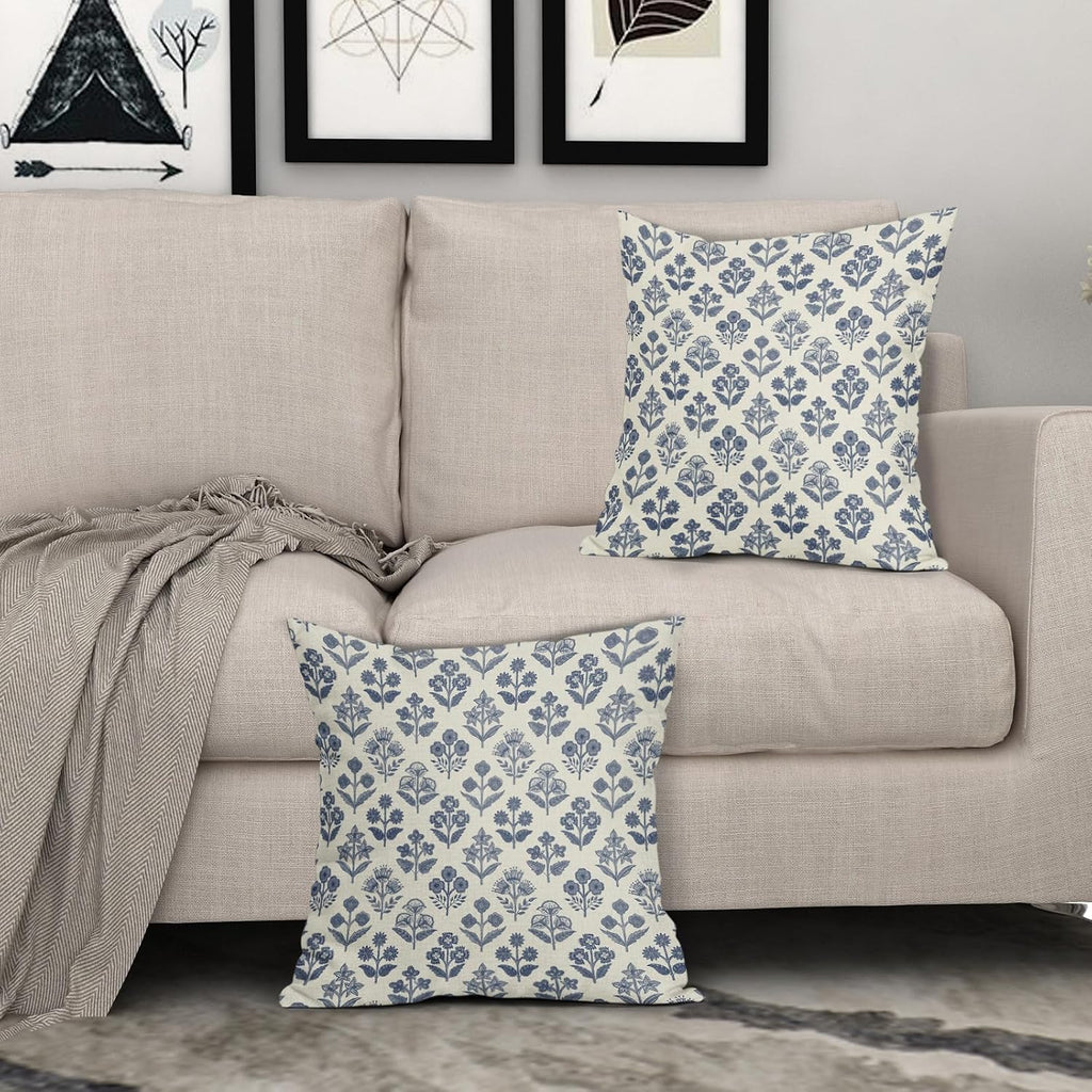 Dark Blue Floral Block Print Pillow Covers 16x16 Inch Set of 2, Vintage Flower Pattern Decorative Throw Pillowcases Outdoor Farmhouse…