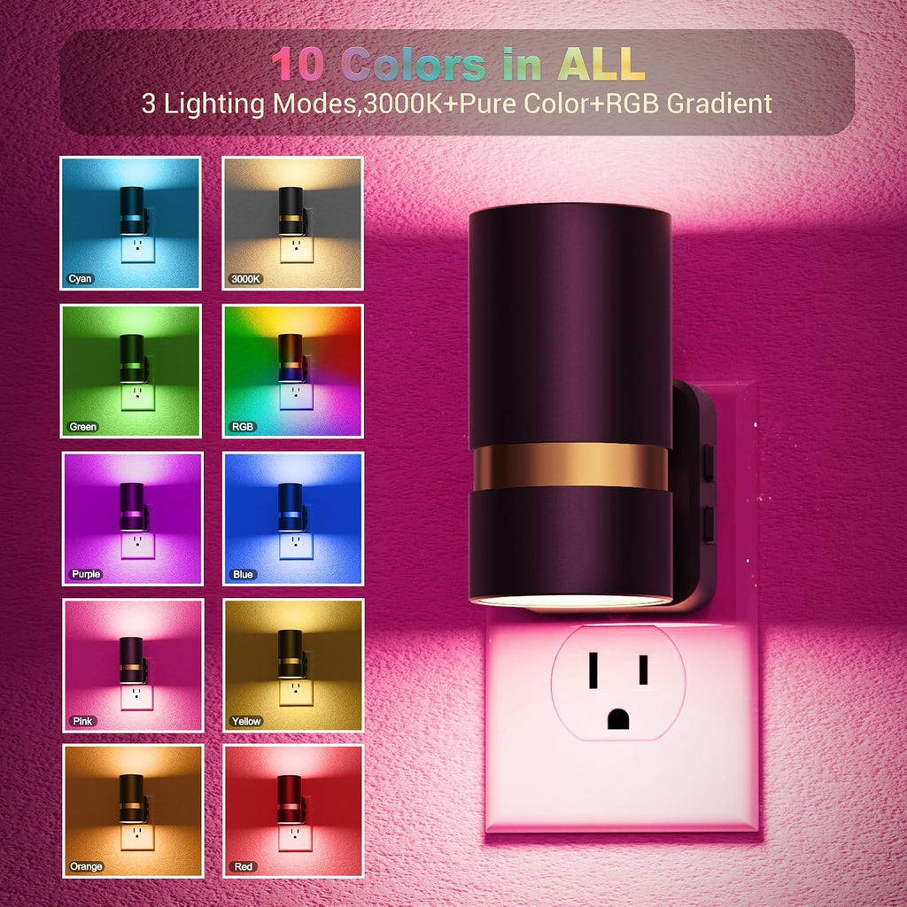 JandCase Night Lights Plug into Wall,2 Pack 10-Color Change RGB Night Light with Dusk to Dawn, 10/25/50/75/100LM Dimmable Plug in LED…